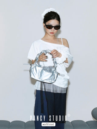Smooth cream pleated handbag