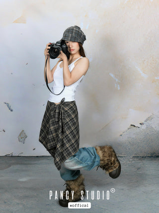Retro literary plaid headscarf pile hat
