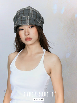 Retro literary plaid headscarf pile hat