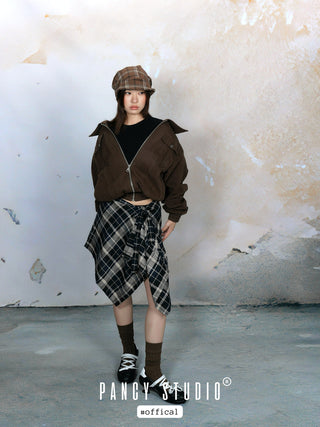 Retro literary plaid headscarf pile hat