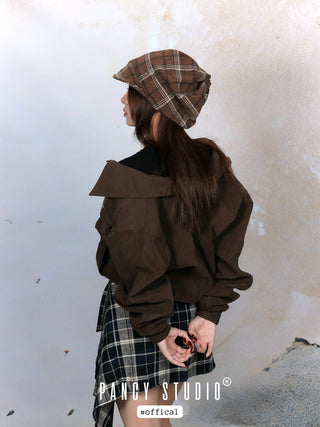 Retro literary plaid headscarf pile hat