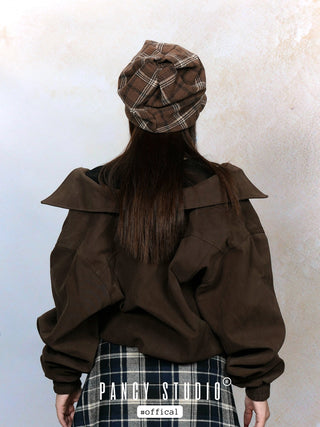 Retro literary plaid headscarf pile hat