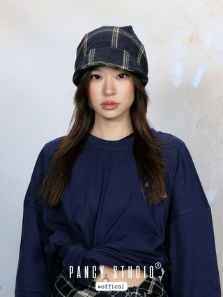 Retro literary plaid headscarf pile hat