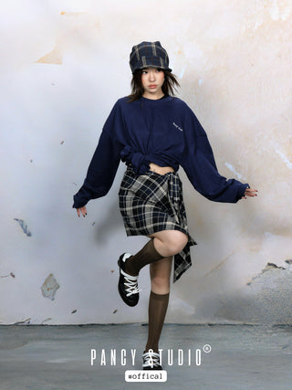 Retro literary plaid headscarf pile hat