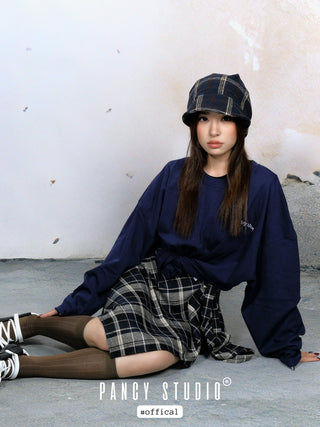 Retro literary plaid headscarf pile hat