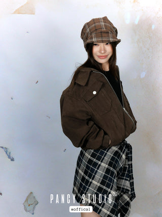 Retro literary plaid headscarf pile hat