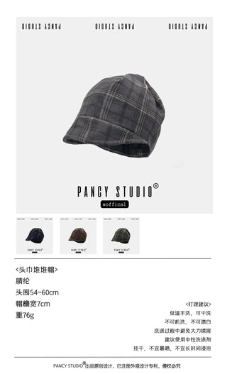 Retro literary plaid headscarf pile hat