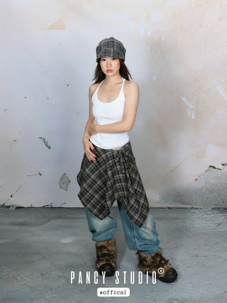 Retro literary plaid headscarf pile hat