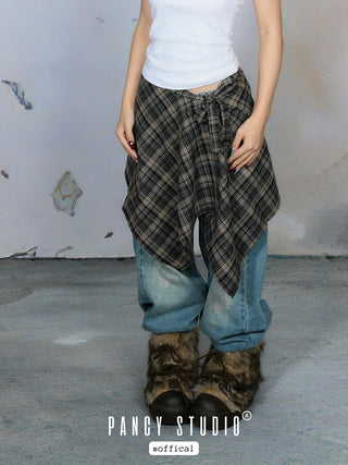 Retro college style patterned lace-up skirt