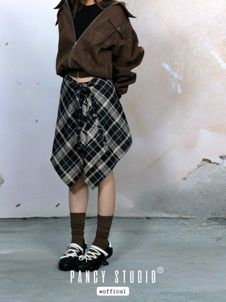 Retro college style patterned lace-up skirt