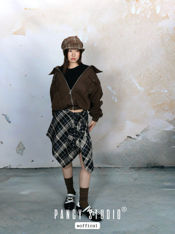 Retro college style patterned lace-up skirt