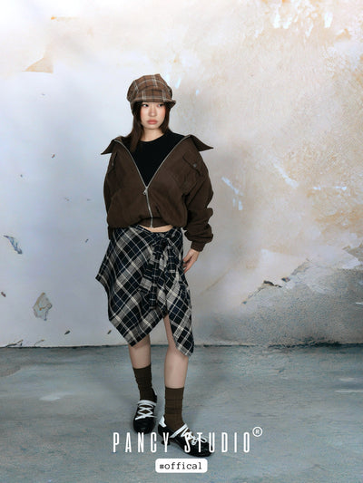 Retro college style patterned lace-up skirt
