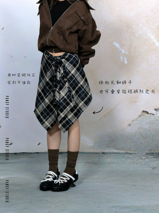 Retro college style patterned lace-up skirt