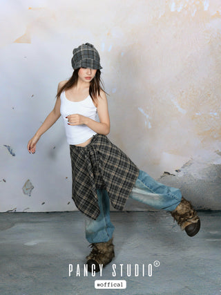 Retro college style patterned lace-up skirt