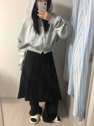 Pleated Cotton Plain Midi Skirt