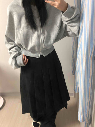 Pleated Cotton Plain Midi Skirt
