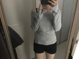 Gray natural plain off-shoulder long-sleeve t-shirt
