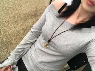 Gray natural plain off-shoulder long-sleeve t-shirt