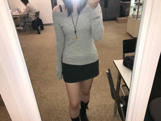 Gray natural plain off-shoulder long-sleeve t-shirt