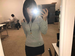 Gray natural plain off-shoulder long-sleeve t-shirt