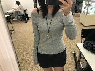 Gray natural plain off-shoulder long-sleeve t-shirt