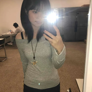 Gray natural plain off-shoulder long-sleeve t-shirt