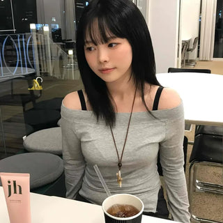 Gray natural plain off-shoulder long-sleeve t-shirt