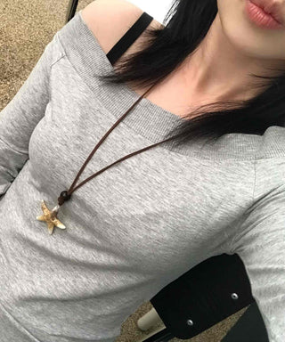 Gray natural plain off-shoulder long-sleeve t-shirt