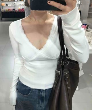 Simple Trendy Deep V Lace Long Sleeve T-shirt