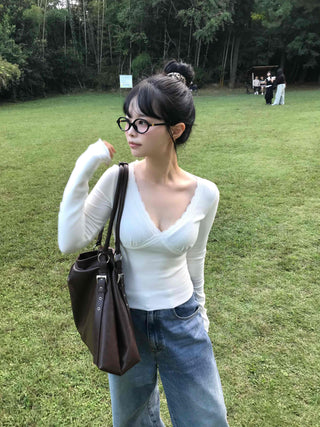Simple Trendy Deep V Lace Long Sleeve T-shirt