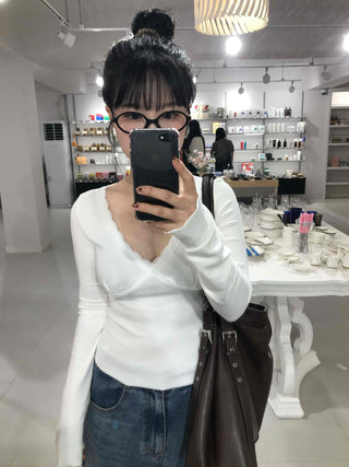 Simple Trendy Deep V Lace Long Sleeve T-shirt