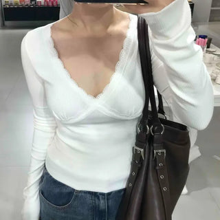 Simple Trendy Deep V Lace Long Sleeve T-shirt