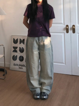 Larch Vintage Washed Side Pintuck Wide Denim Pants