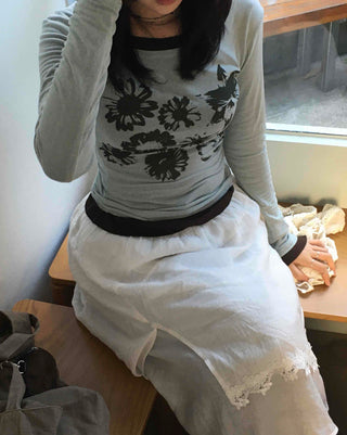 Modern Vintage Floral Slim Fit Round Long Sleeve Tee