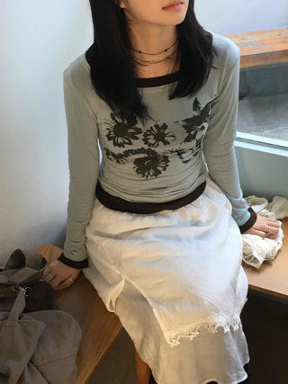 Modern Vintage Floral Slim Fit Round Long Sleeve Tee