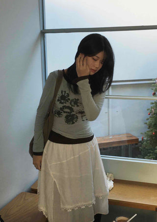 Modern Vintage Floral Slim Fit Round Long Sleeve Tee