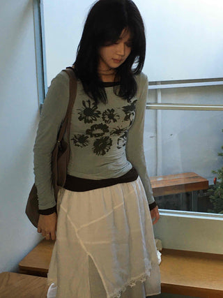 Modern Vintage Floral Slim Fit Round Long Sleeve Tee