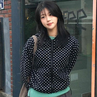 Dot Pattern Zip-Up Hooded Jumper