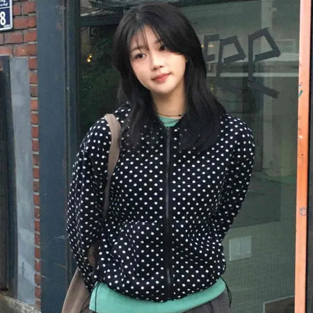 Dot Pattern Zip-Up Hooded Jumper