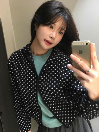 Dot Pattern Zip-Up Hooded Jumper