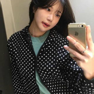 Dot Pattern Zip-Up Hooded Jumper