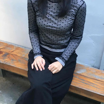 Delicate Fit See-through Polka Dot Mesh Round Long Sleeve Blouse