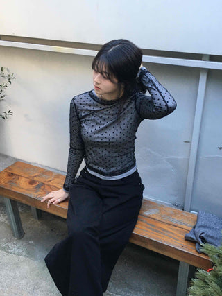 Delicate Fit See-through Polka Dot Mesh Round Long Sleeve Blouse