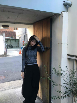 Delicate Fit See-through Polka Dot Mesh Round Long Sleeve Blouse