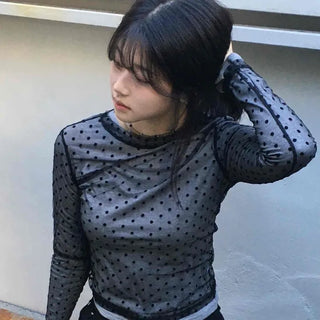 Delicate Fit See-through Polka Dot Mesh Round Long Sleeve Blouse