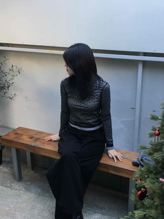 Delicate Fit See-through Polka Dot Mesh Round Long Sleeve Blouse