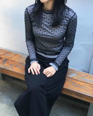 Delicate Fit See-through Polka Dot Mesh Round Long Sleeve Blouse