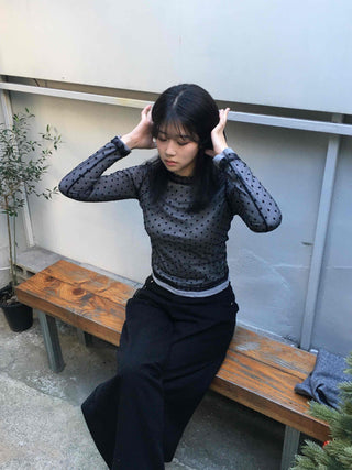 Delicate Fit See-through Polka Dot Mesh Round Long Sleeve Blouse