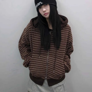 Retro Cozy Striped Oversized Zip-Up Hoodie