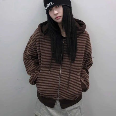 Retro Cozy Striped Oversized Zip-Up Hoodie